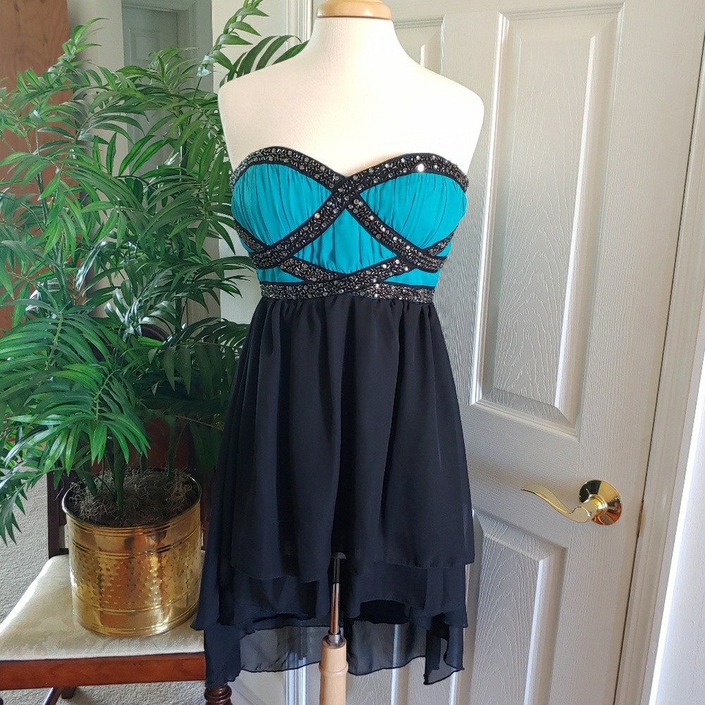 Strapless Sweetheart Embellished Hi Low Dress Blue Black